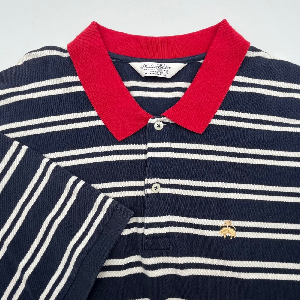 Brooks Brothers Golden Fleece Mens XL Polo Shirt Navy‎ White Stripe Red Collar